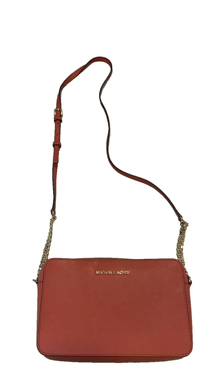 Michael Kors Jet Set Crossbody Bag Saffiano Orange Leather Purse Gold Accents